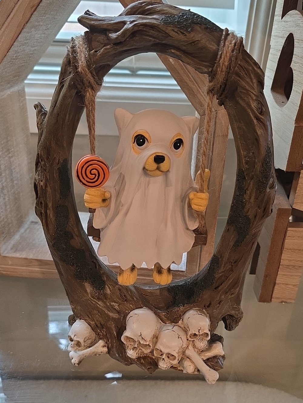 White Ghost Animal Figurine on Swing Halloween Home Accent